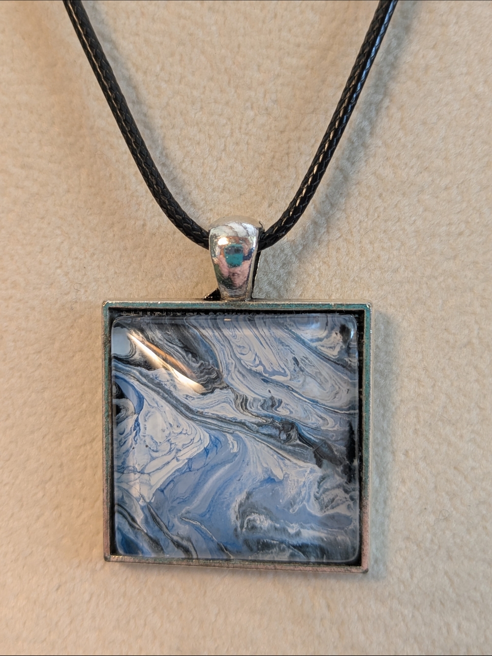 Marbled Blue Square Hand Painted Glass Pendant Necklace in Silver Tone